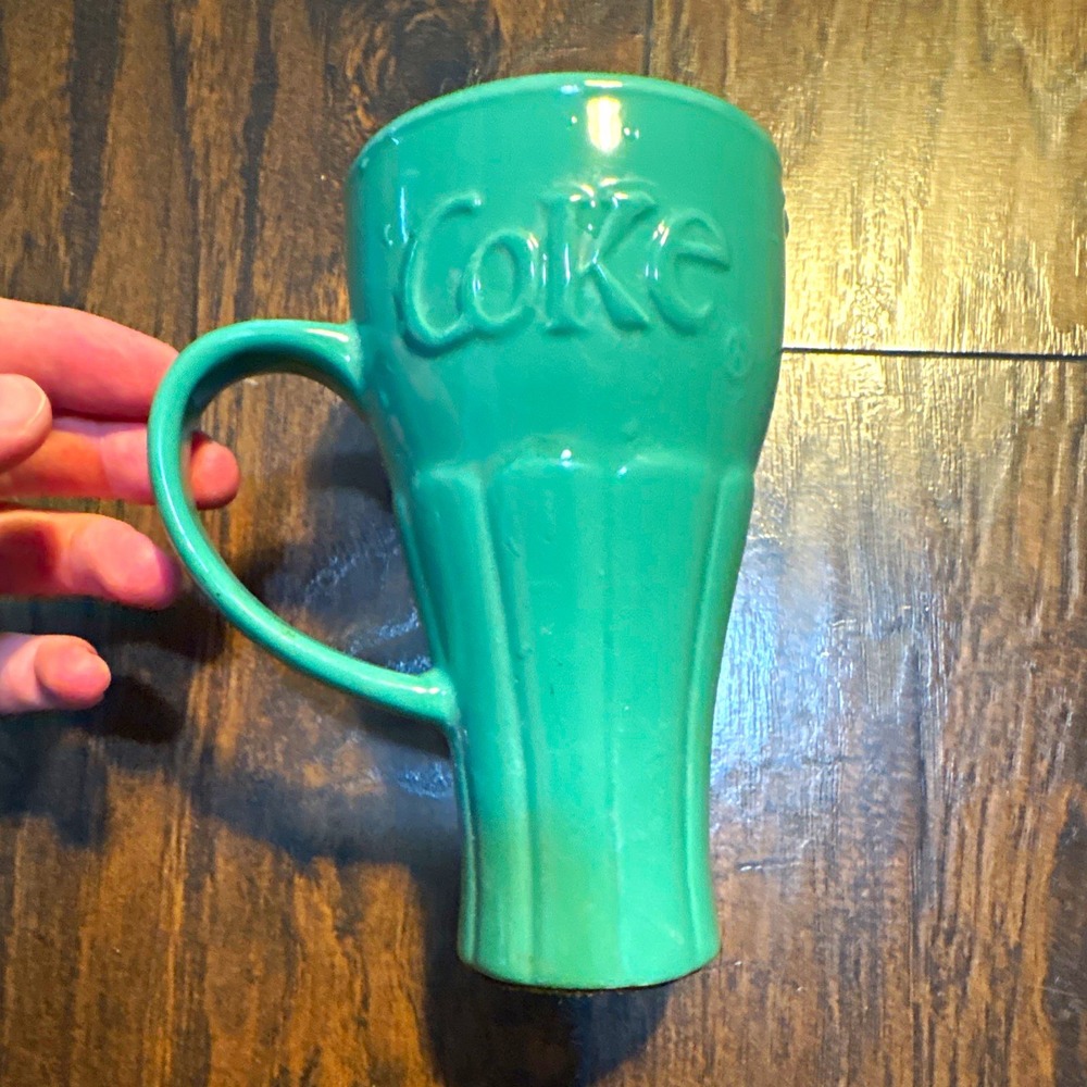 Vintage Coca-Cola Ceramic Ashtray Green Blue Embossed Soda Mug Shape